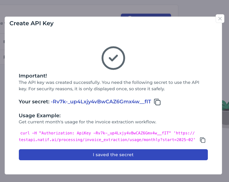 Image Screenshot of the API key secret popover